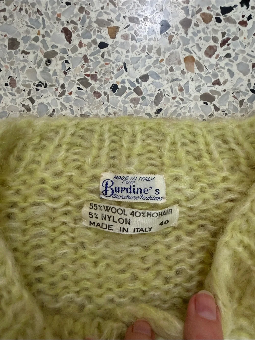 Vintage made in Italy wool mohair sweater cardigan green yellow Burdines Large L